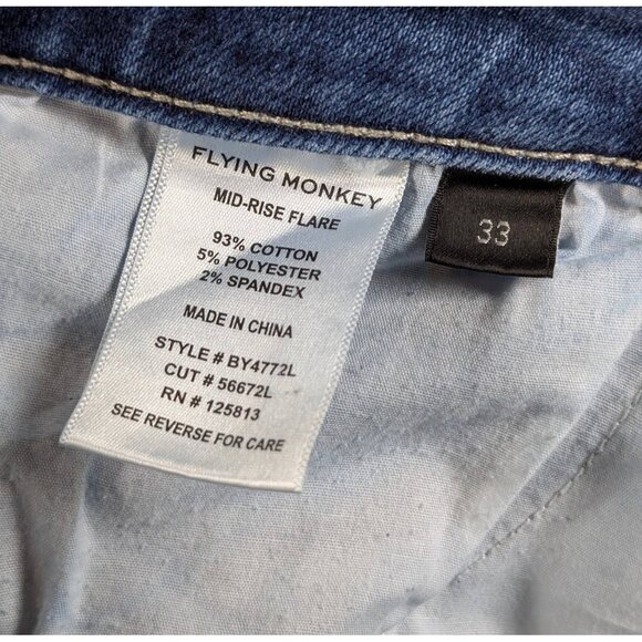 Flying Monkey Women's Size 33 Jeans Blue  Mid-Rise Flare Leg Raw Hem Denim - Picture 4 of 4